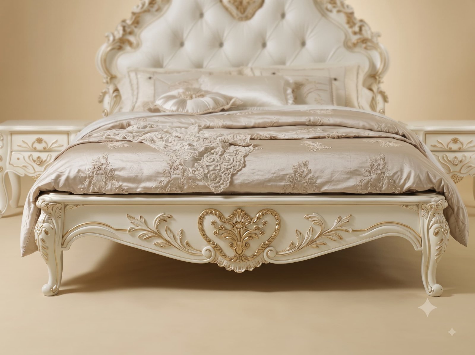 French Style Bed in Carved Teak - Ivory with Buttoned Headboard - Image 3