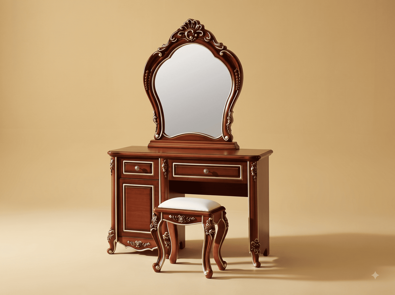 Dressing Table with Side Cabinet in Carved Teak - Polished Rosewood Tone