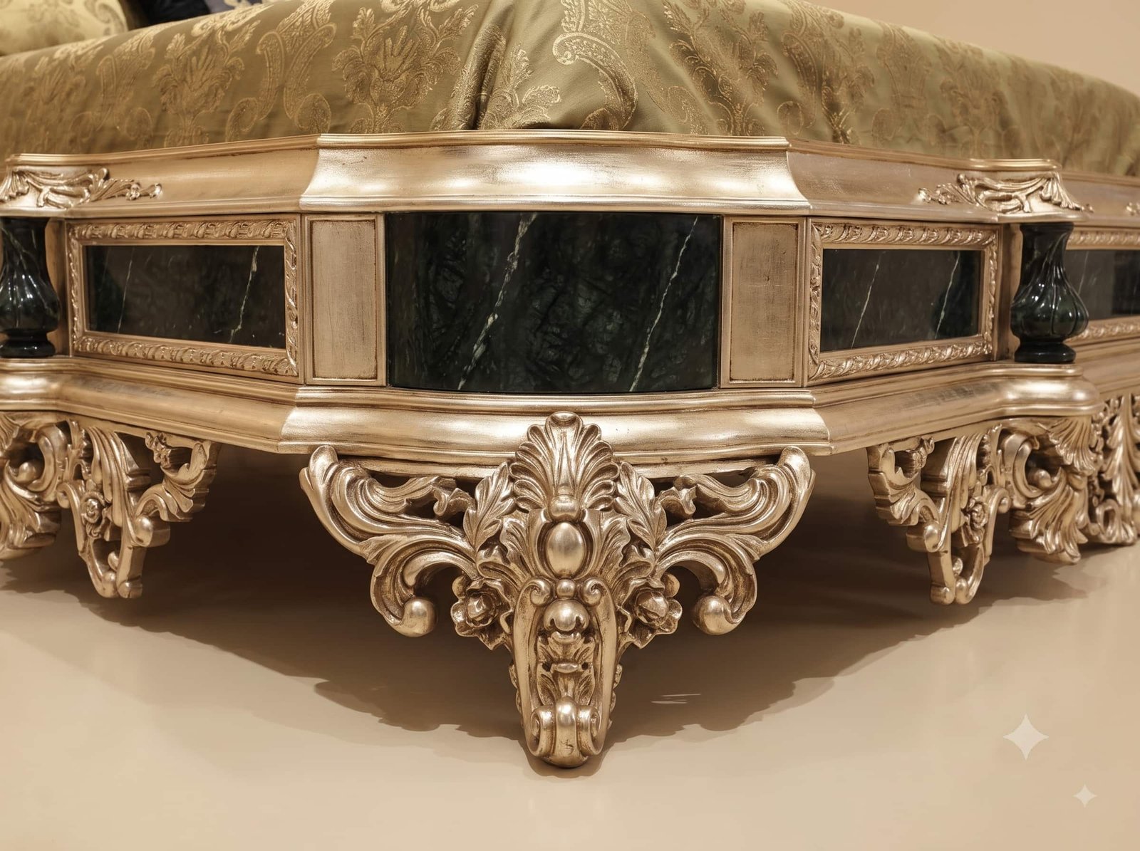 Emerald Green Bed in Carved Teak - Silver Frame with Tufted Headboard - Image 4