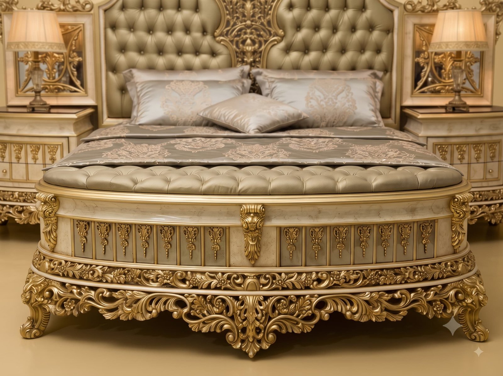King Size Bed with Bow Footboard in Carved Teak - Gold and Champagne - Image 3