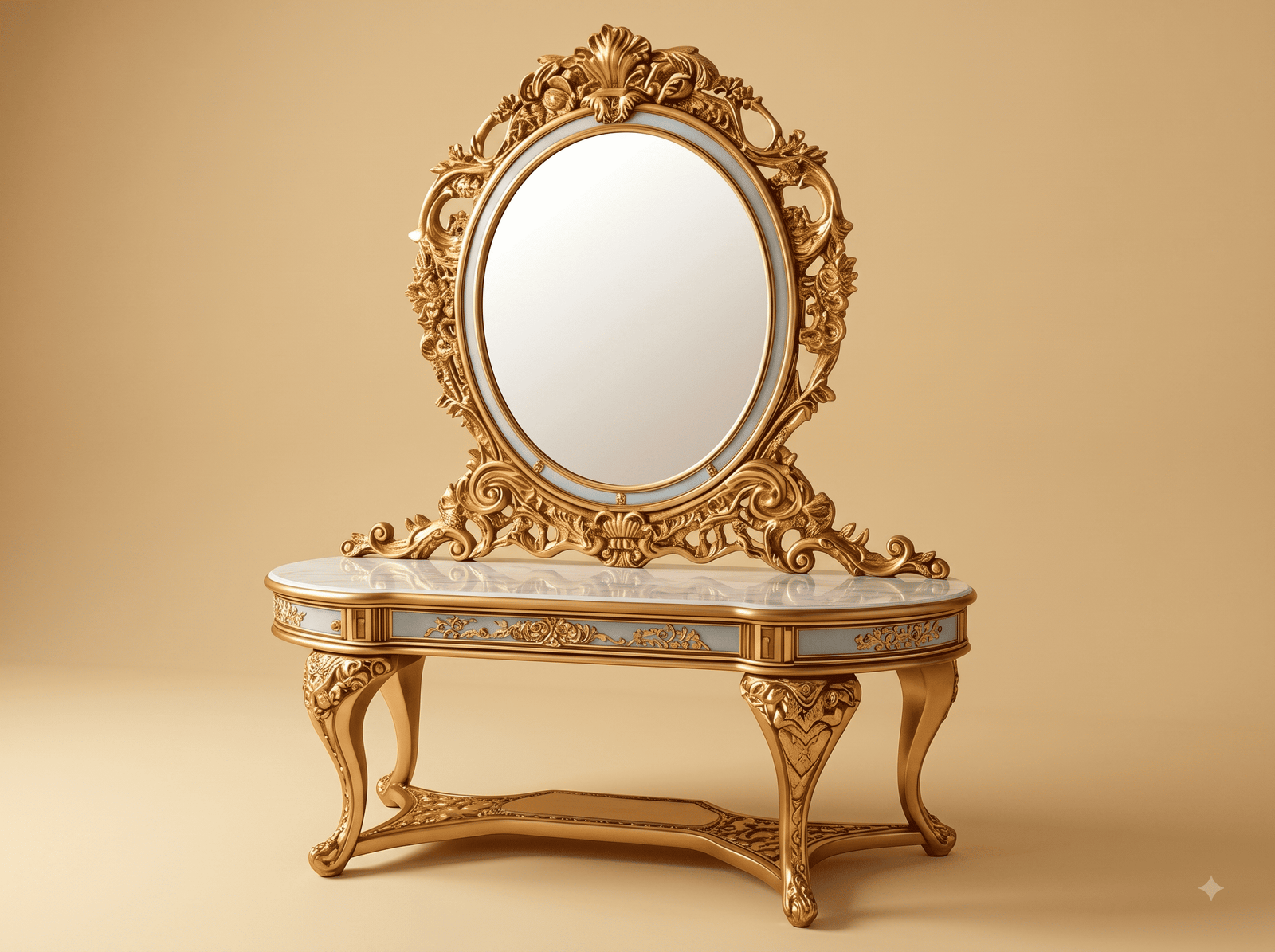 Gold Dressing Table in Carved Teak - Oval Mirror with Marble Top