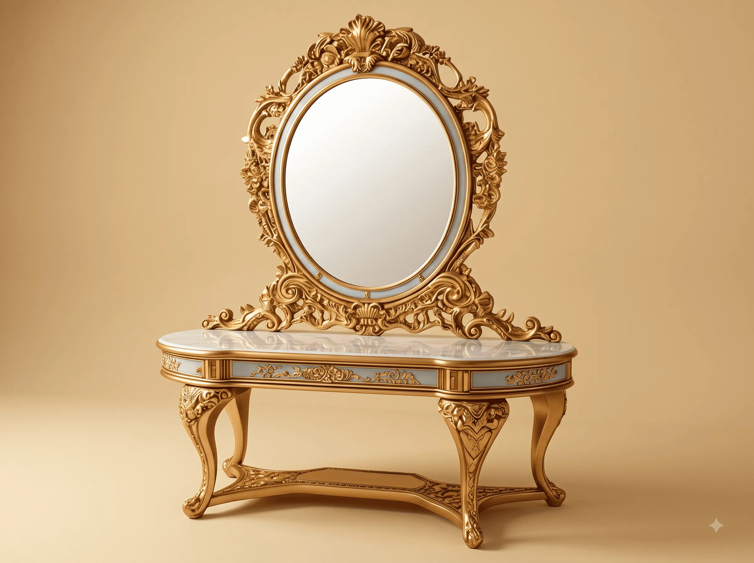 Gold Dressing Table in Carved Teak - Oval Mirror with Marble Top
