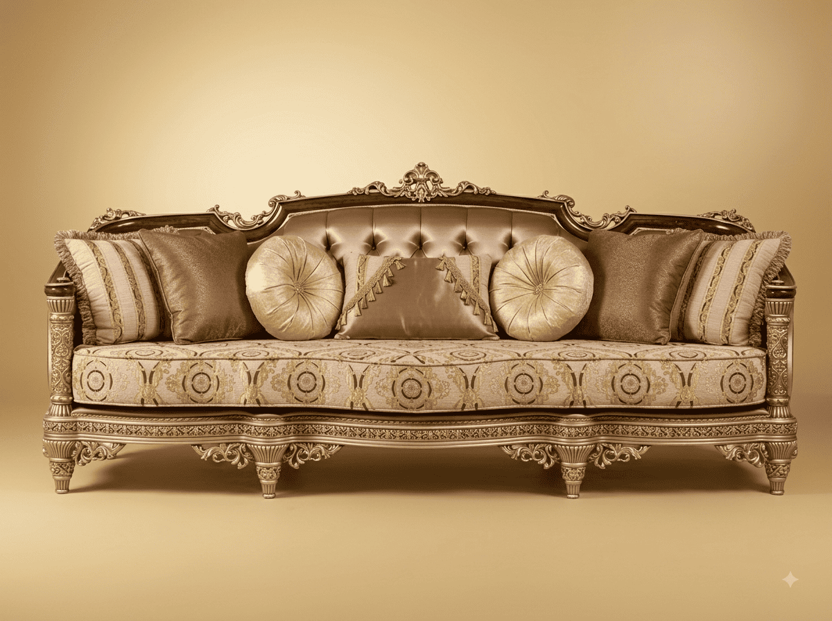 Royal Luxury Handcrafted Carved Teak Sofa | Champagne and Bronze Tufted