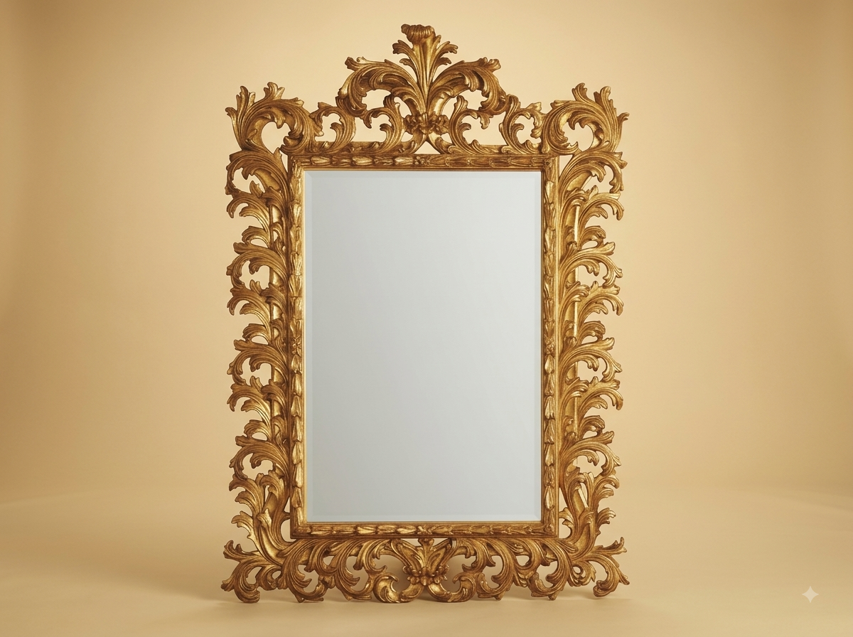 Hand-Carved Teak Wood Openwork Acanthus Mirror | Gold Plume Crest Florentine