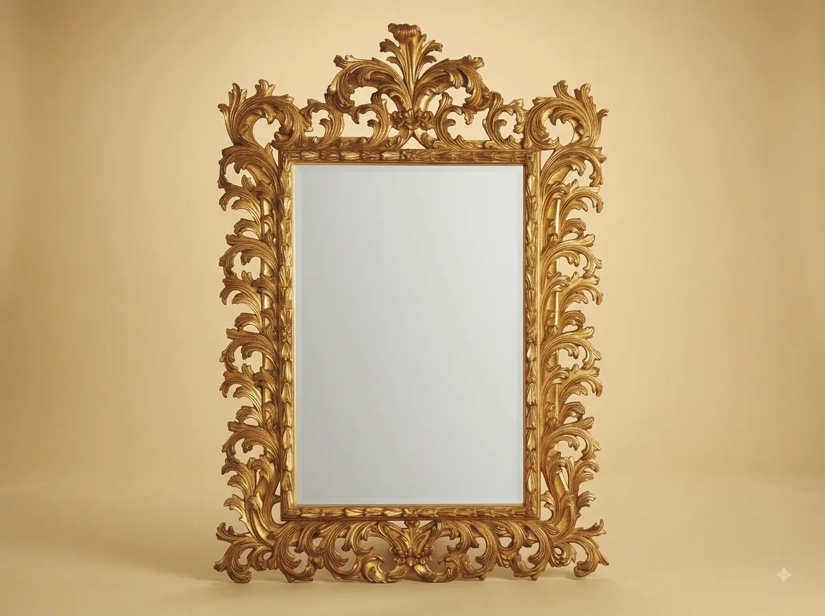 Hand-Carved Teak Wood Openwork Acanthus Mirror | Gold Plume Crest Florentine