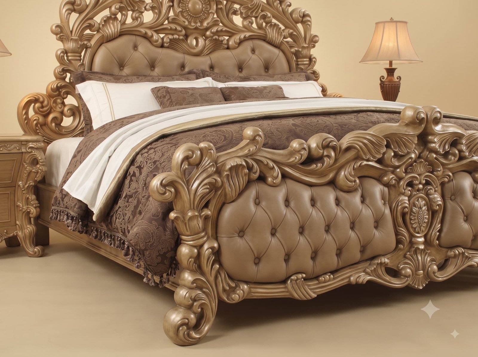 King Bed Design in Carved Teak - Taupe Leather and Pierced Crest - Image 2