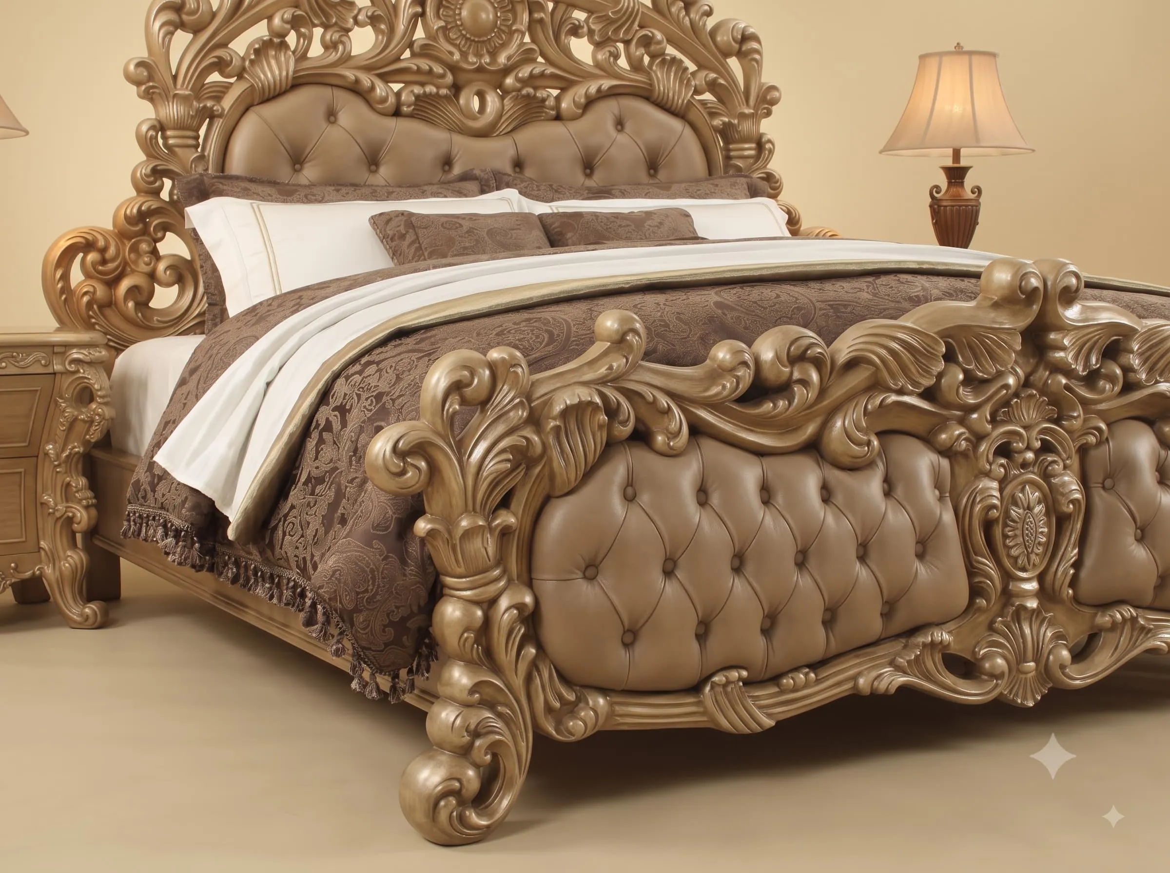 King Bed Design in Carved Teak - Taupe Leather and Pierced Crest