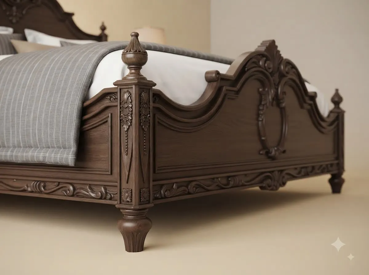 Solid Wood King Size Bed in Dark Walnut - Carved Teak Panelled Design