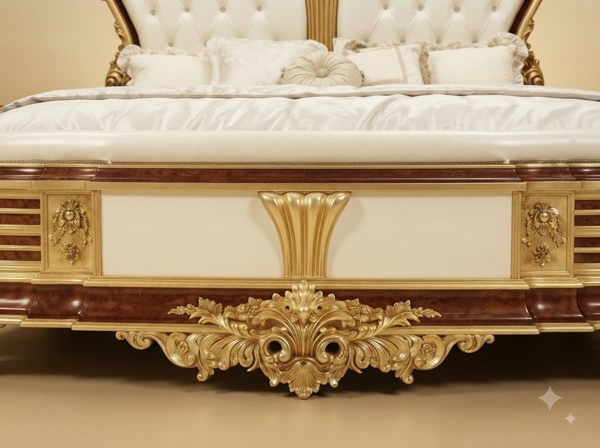 King Size Bed with Storage in Carved Teak - Gold and Mahogany - Image 2