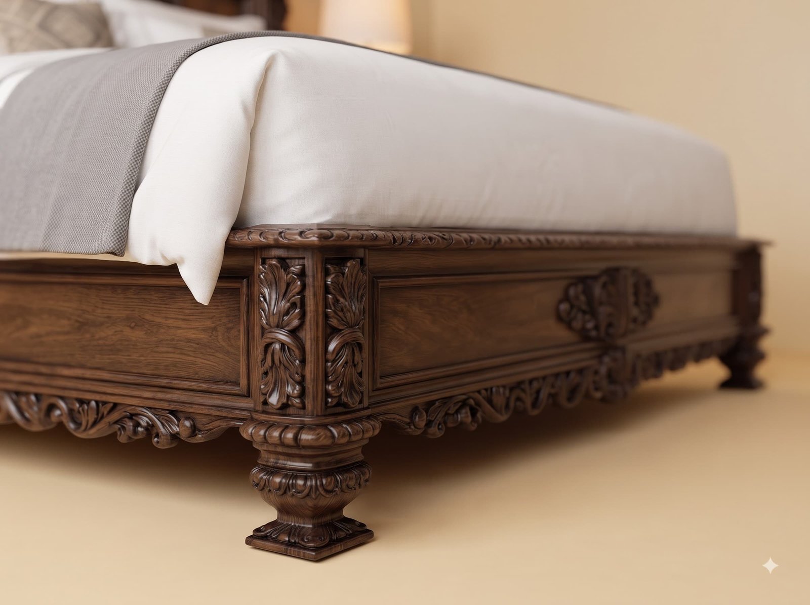 Wooden Double Bed in Carved Teak - Tall Arched Headboard with Posts - Image 2