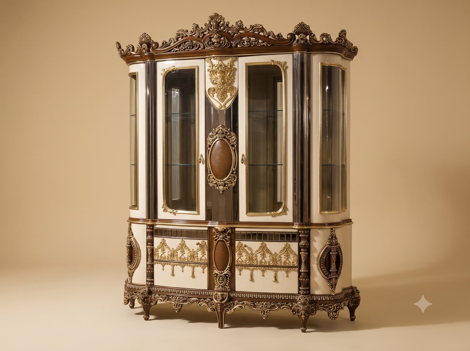 Carved Showcase in Teak with Curved Glass and Pierced Frieze