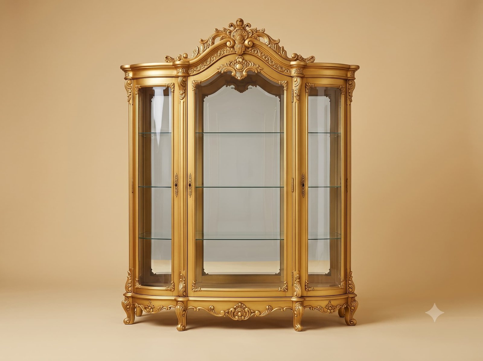 Curio Cabinet in Gilded Teak with Glazed Curved Ends