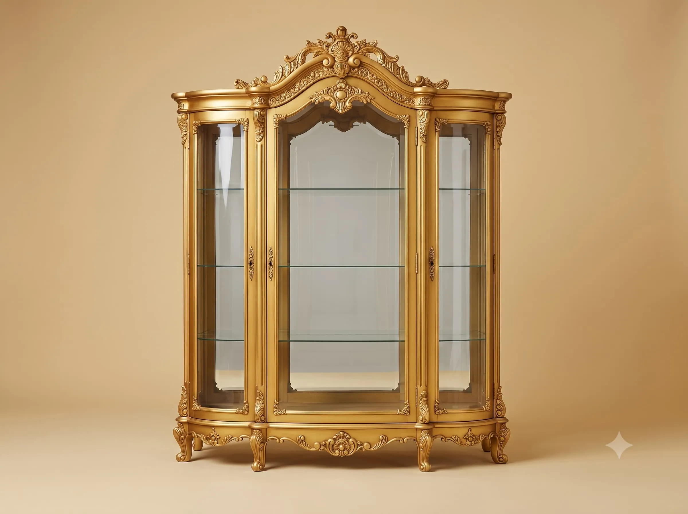 Curio Cabinet in Gilded Teak with Glazed Curved Ends