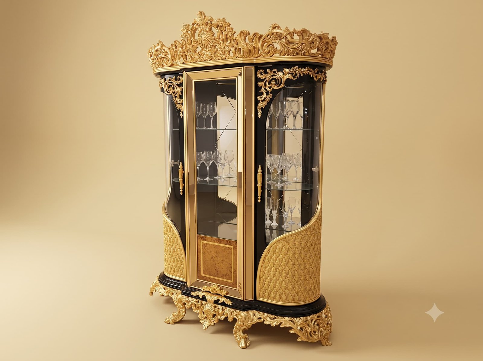 Black and Gold Showcase in Teak with Quilted Base Panels