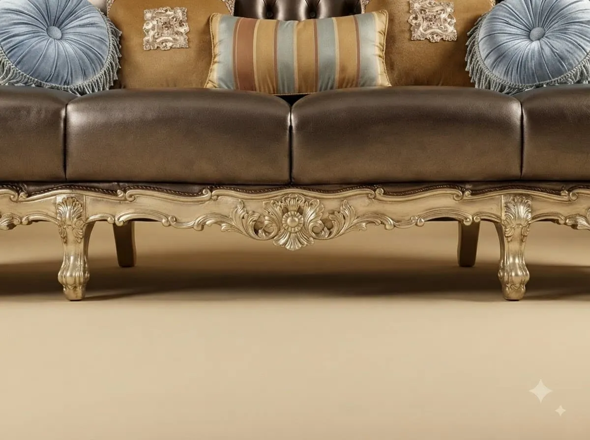 Leather Sofa in Carved Teak - 4 Seater Bronze with Champagne Frame