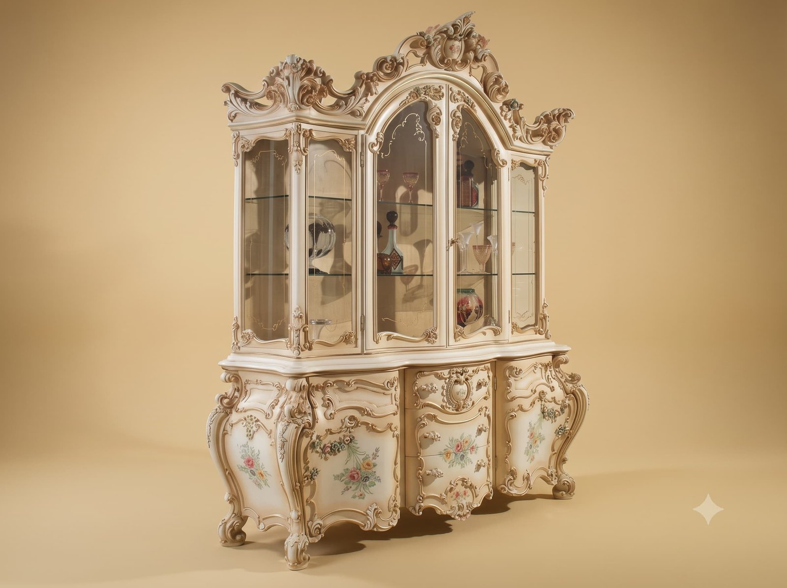 Buffet with Hutch in Carved Ivory Teak with Arched Glazed Top