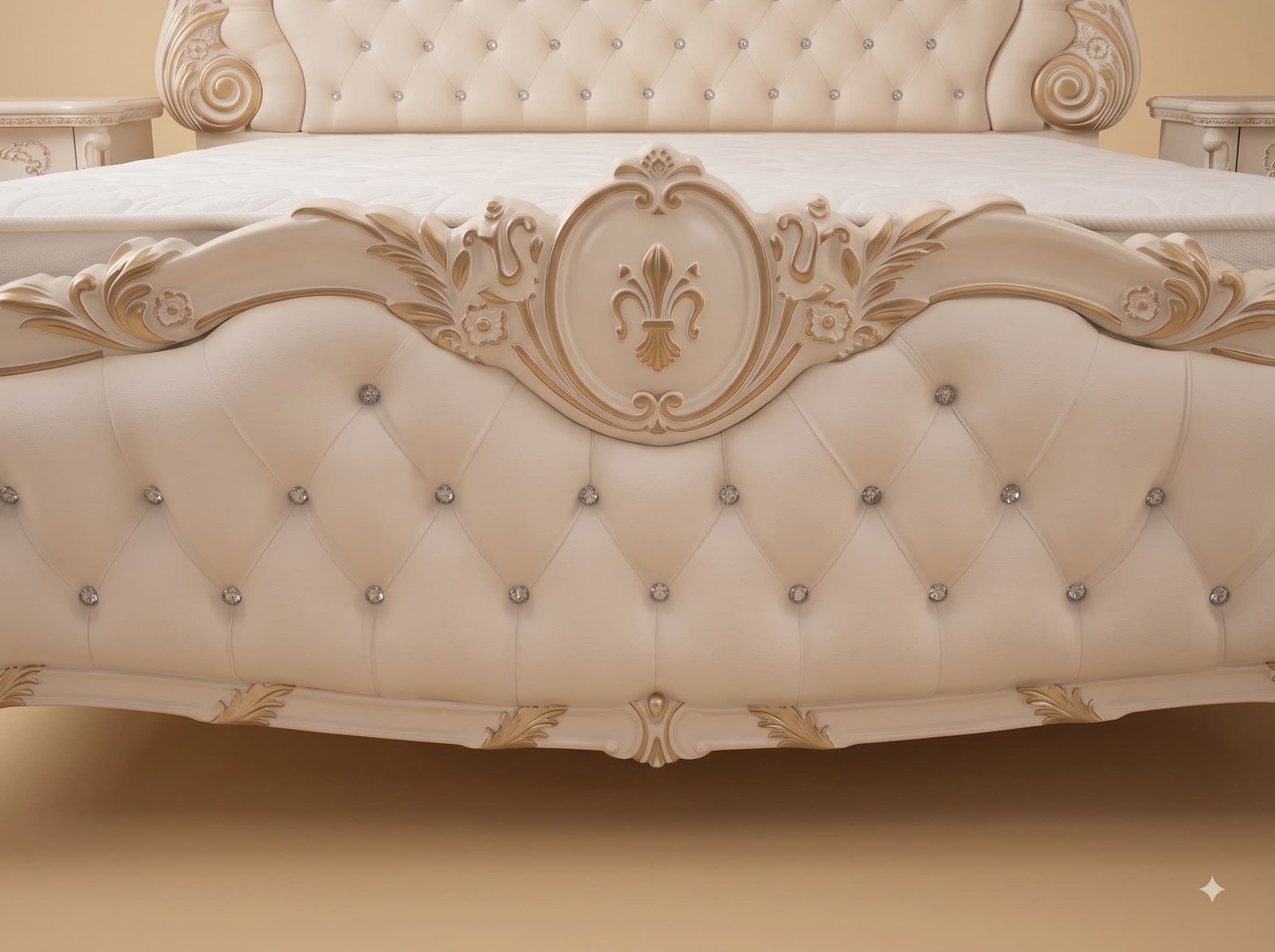 Cushioned Bed in Carved Teak - Cream and Gold with Crystal Buttons - Image 3