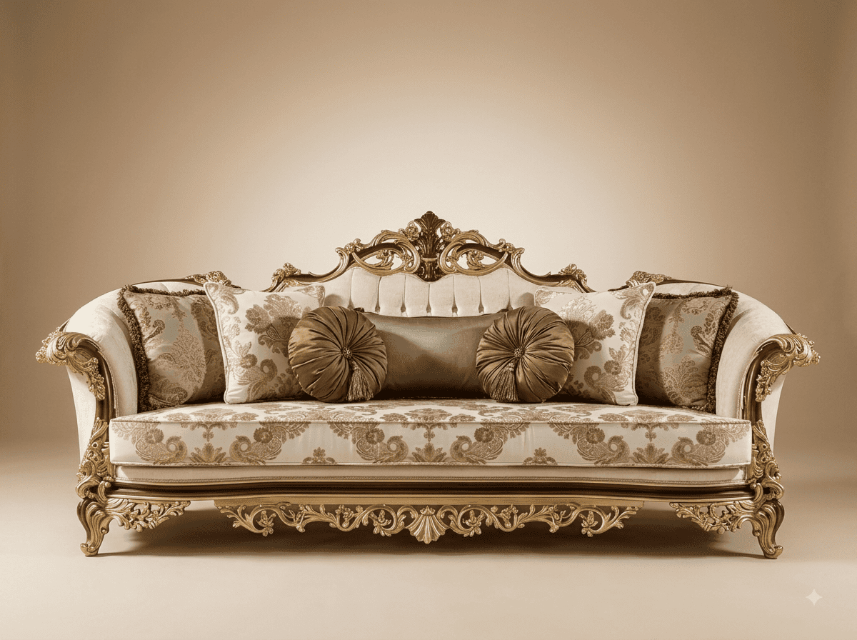 Royal Luxury Handcrafted Carved Teak Sofa | Ivory and Gold Piped Damask