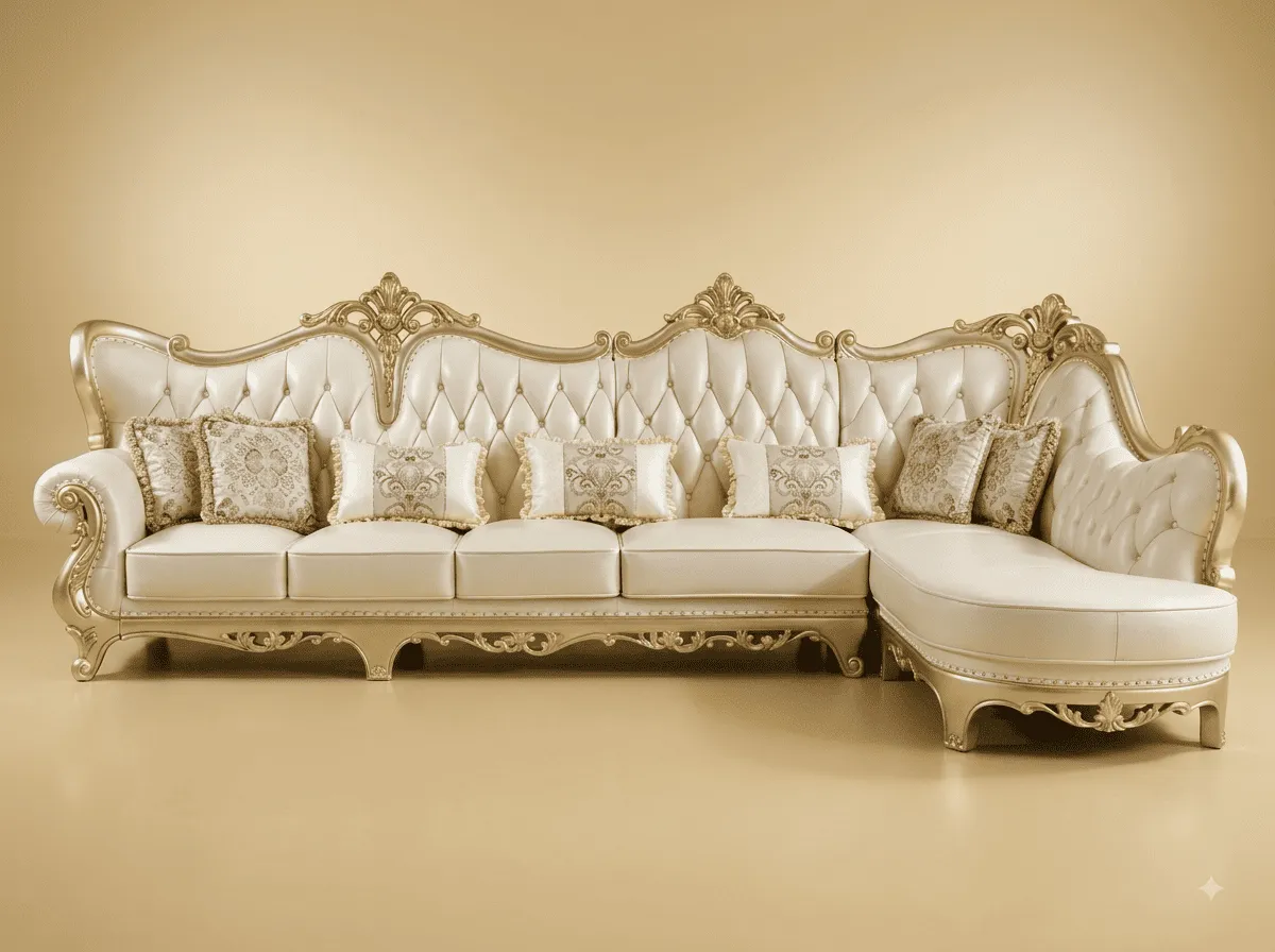 Wooden Sofa Set in Carved Teak - Ivory Corner with Curved Chaise