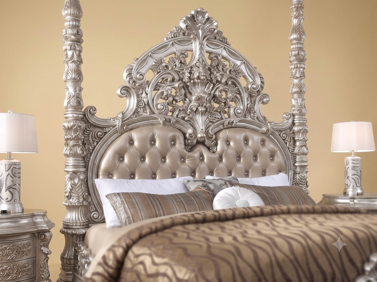 Four Poster Bed in Carved Teak - Silver Finish with Tufted Headboard - Image 4