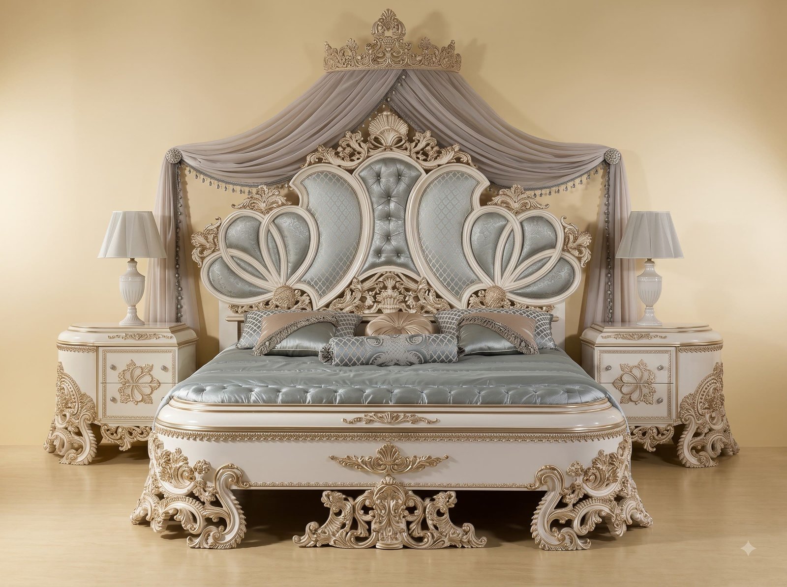 Royal Luxury Handcrafted Carved Teak Bed with Curtains | Ivory and Gold Corona