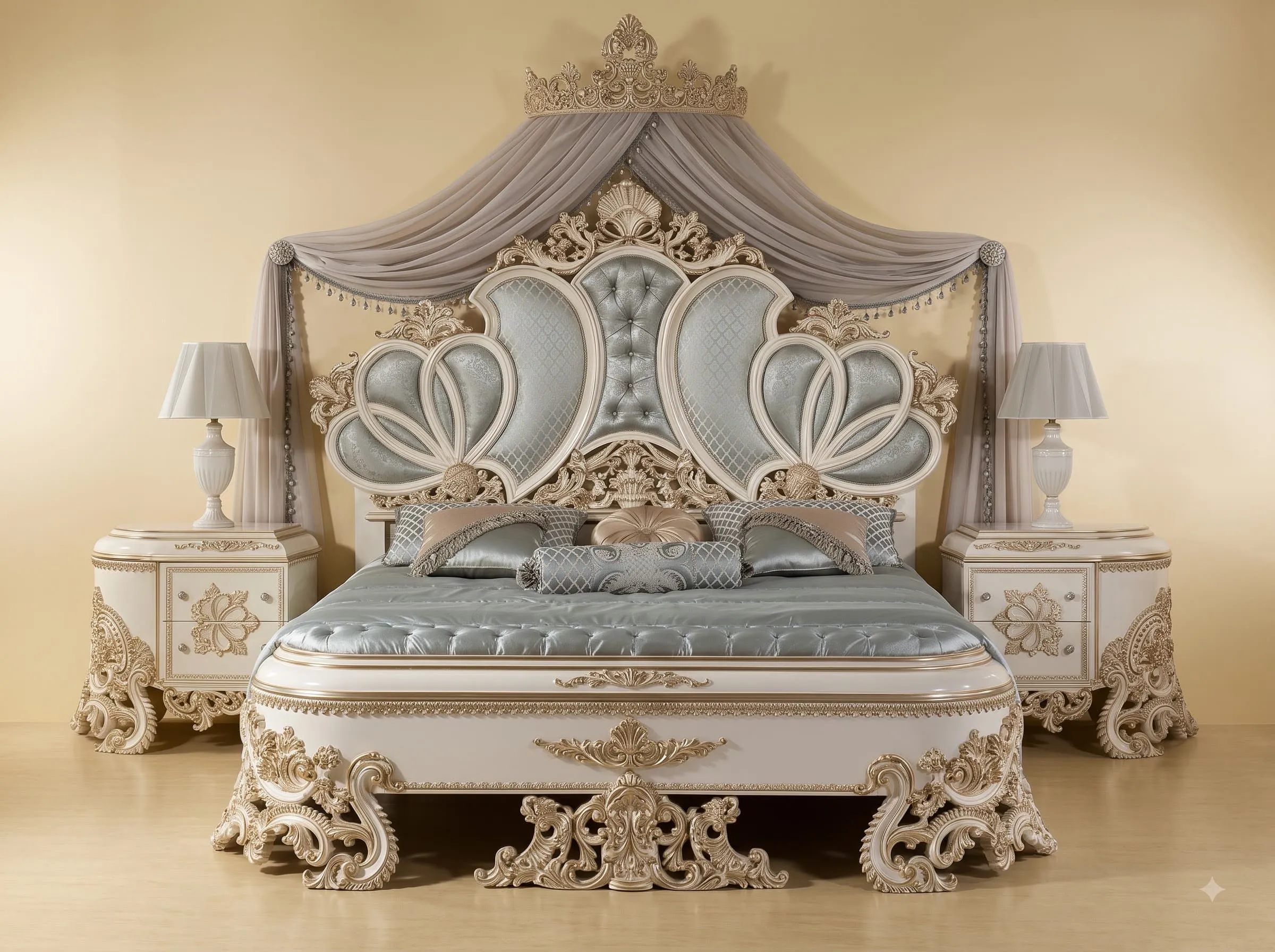 Royal Luxury Handcrafted Carved Teak Bed with Curtains | Ivory and Gold Corona