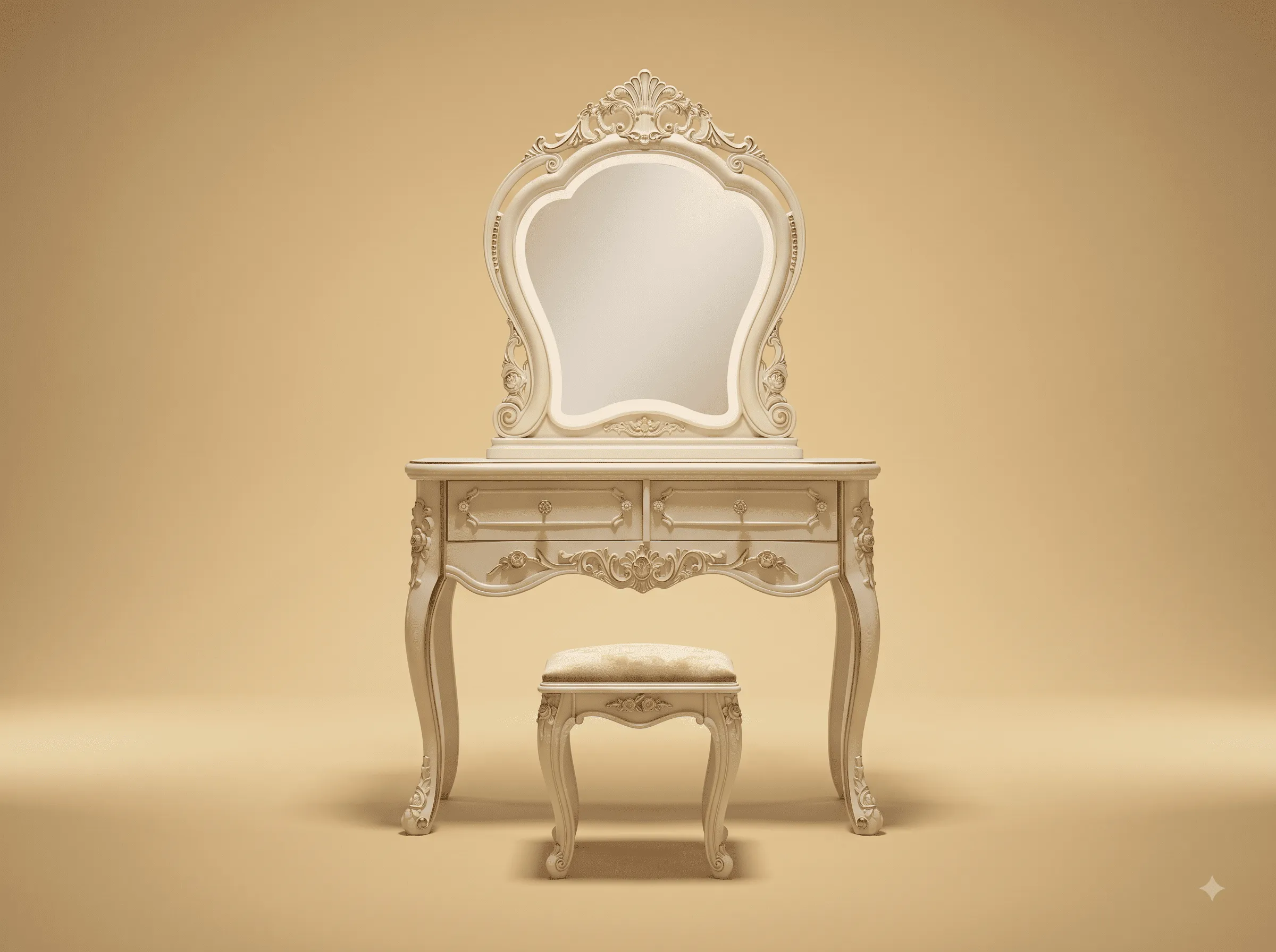 Small Dressing Table in Carved Teak - Ivory with Arched Mirror and Stool