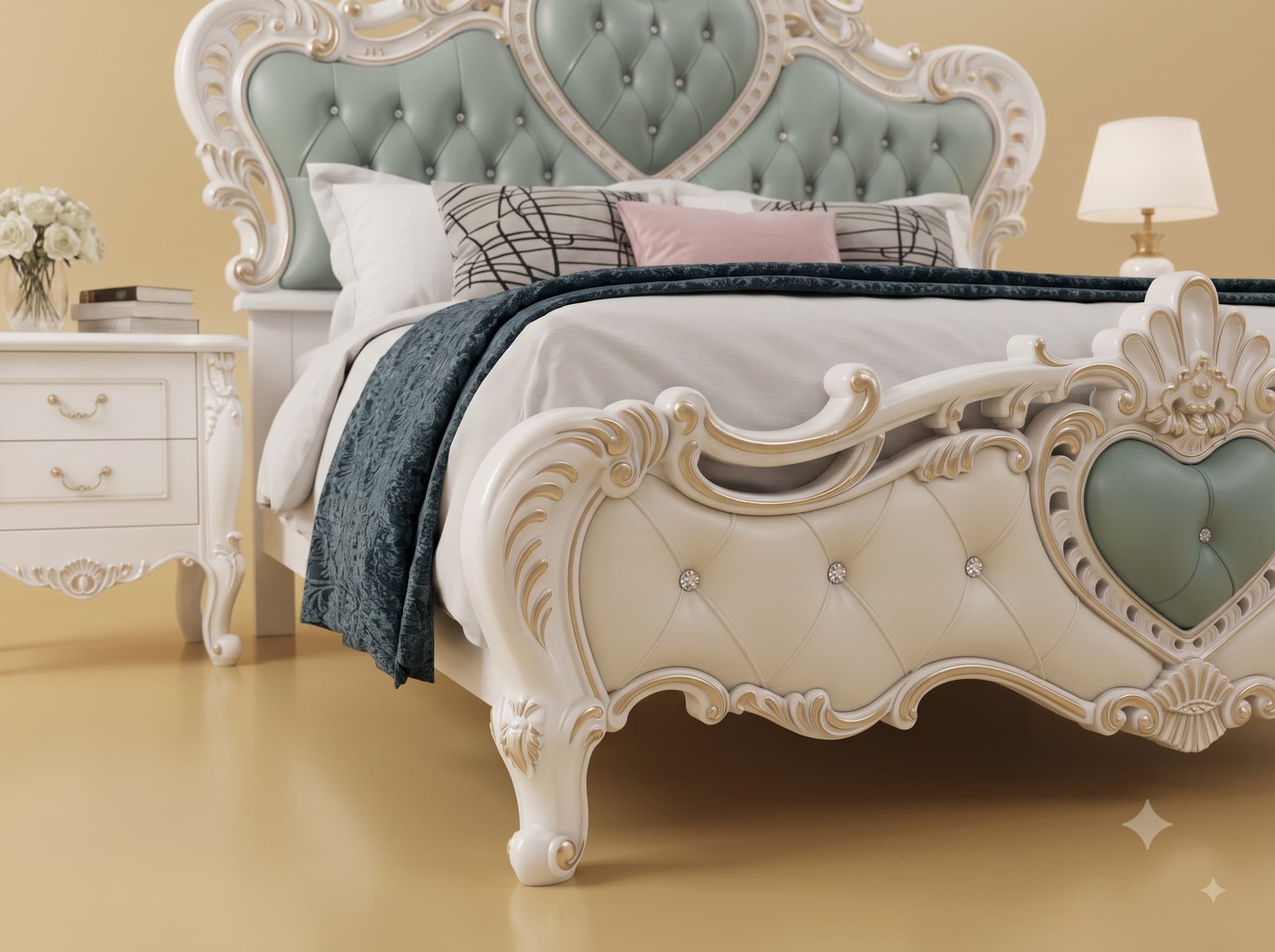 Sage Green Bed in Carved Teak - White Bedroom Set with Bedsides - Image 3