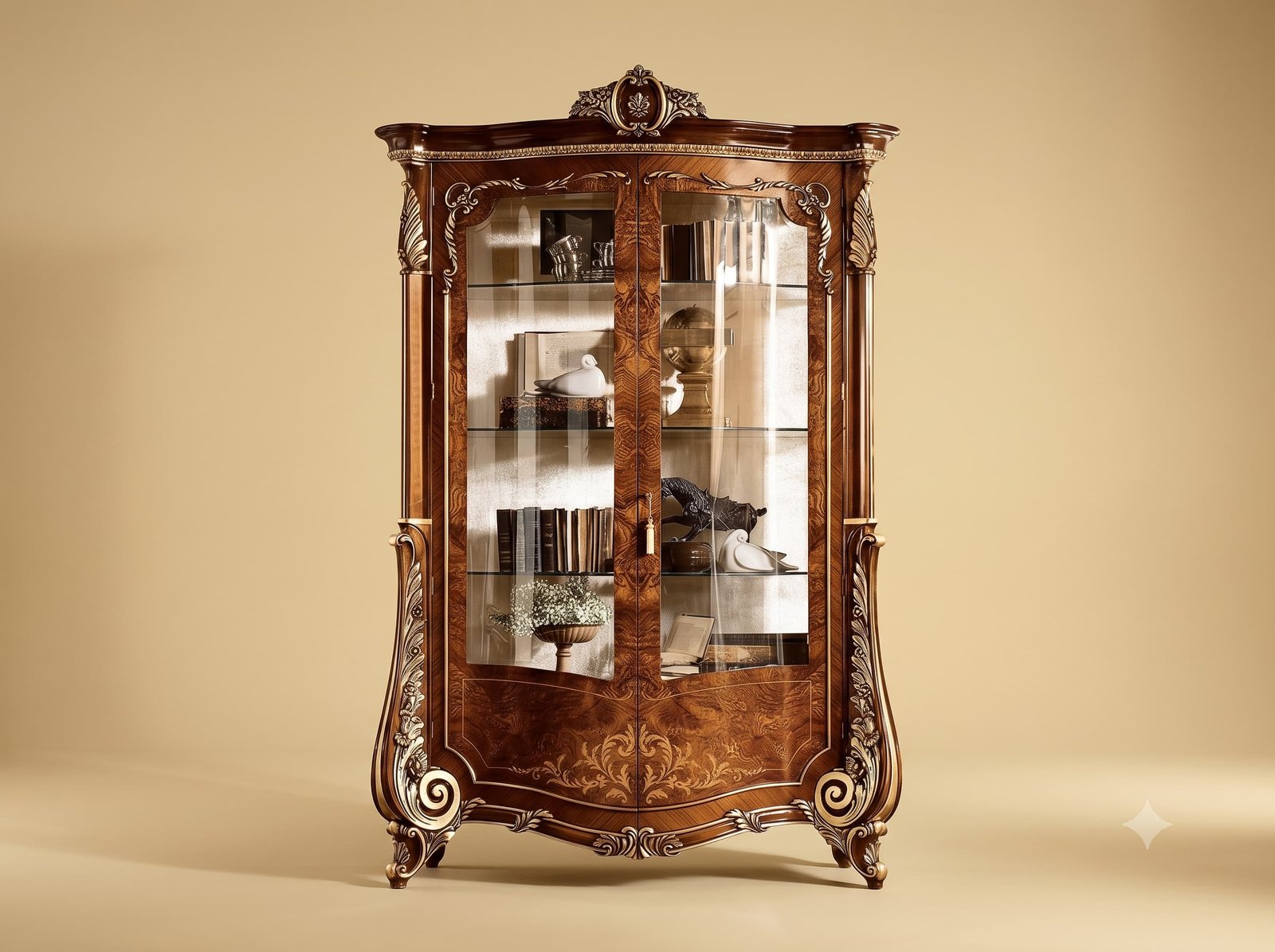 Wooden Display Cabinet in Walnut Tone Teak with Two Glazed Doors