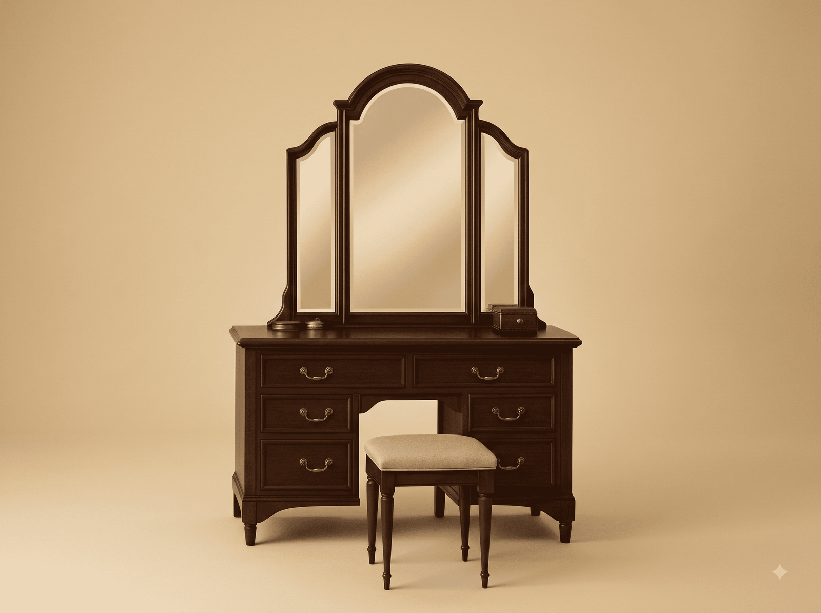 Dark Wood Dressing Table in Solid Teak - Trifold Mirror with Stool