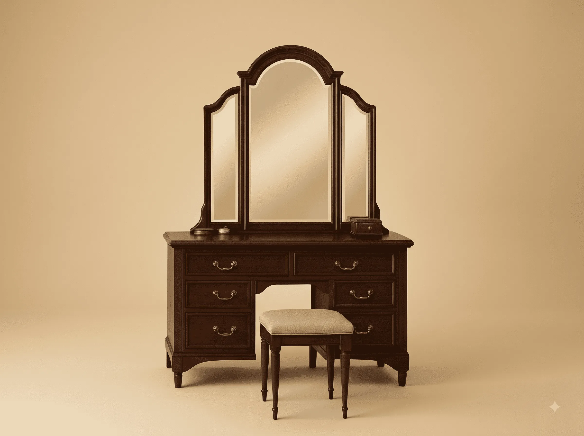 Dark Wood Dressing Table in Solid Teak - Trifold Mirror with Stool