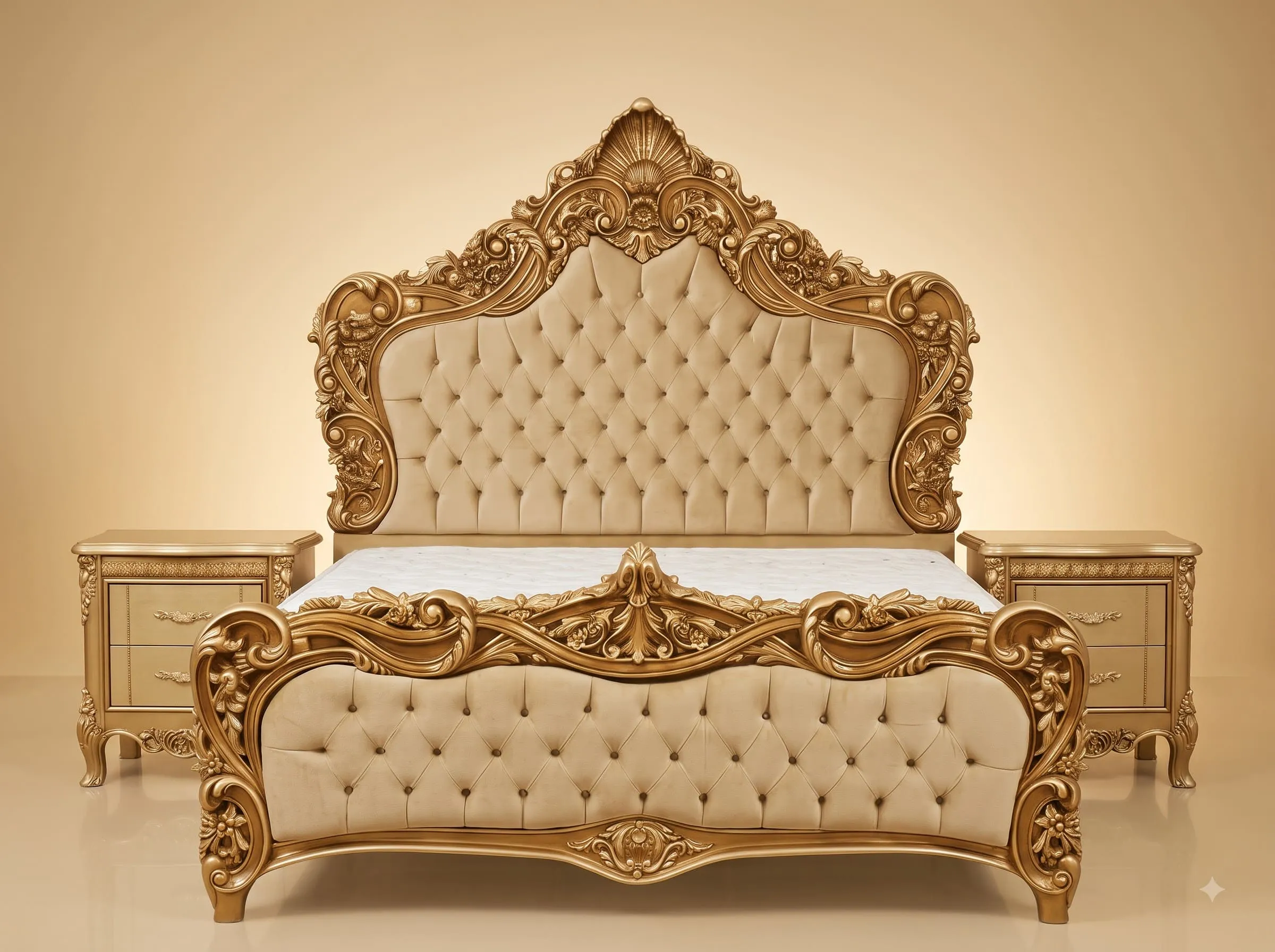 Royal Luxury Handcrafted Carved Teak Velvet Bed | Gold Tufted Headboard Design