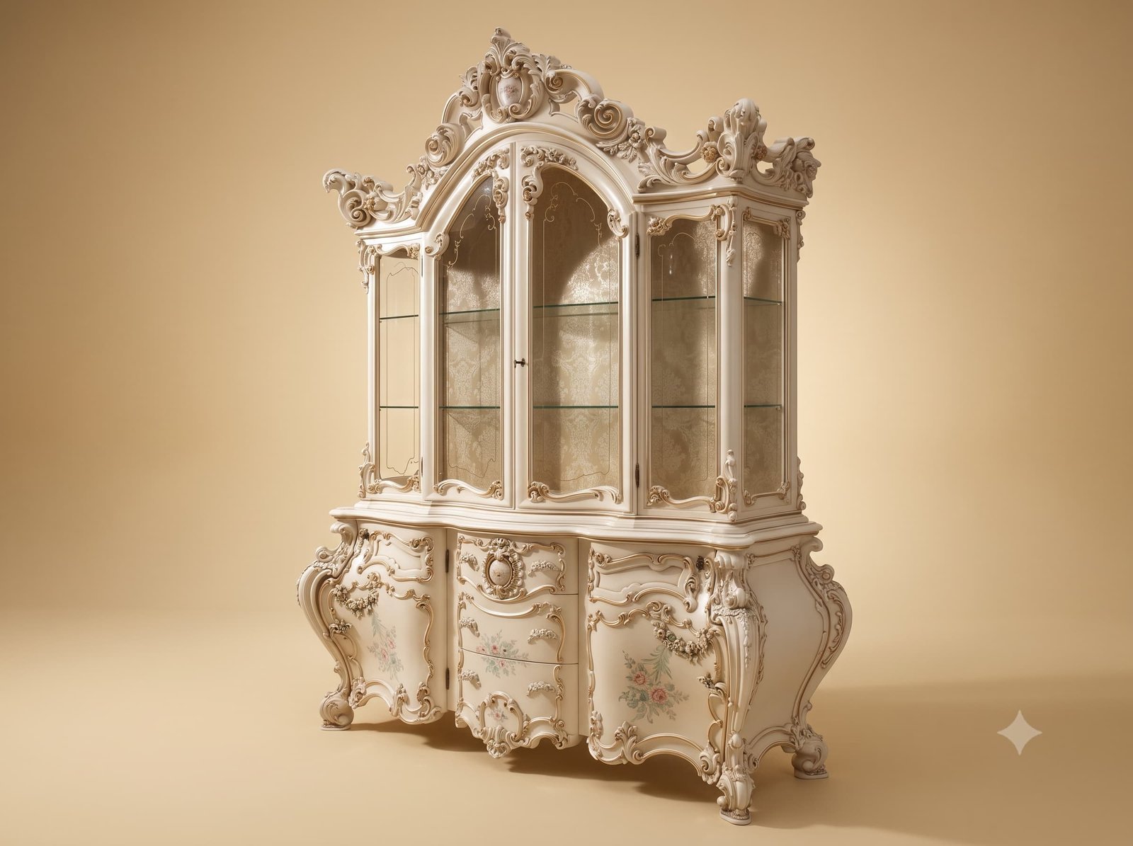 Solid Wood Showcase in Off White with Pierced Carved Crest