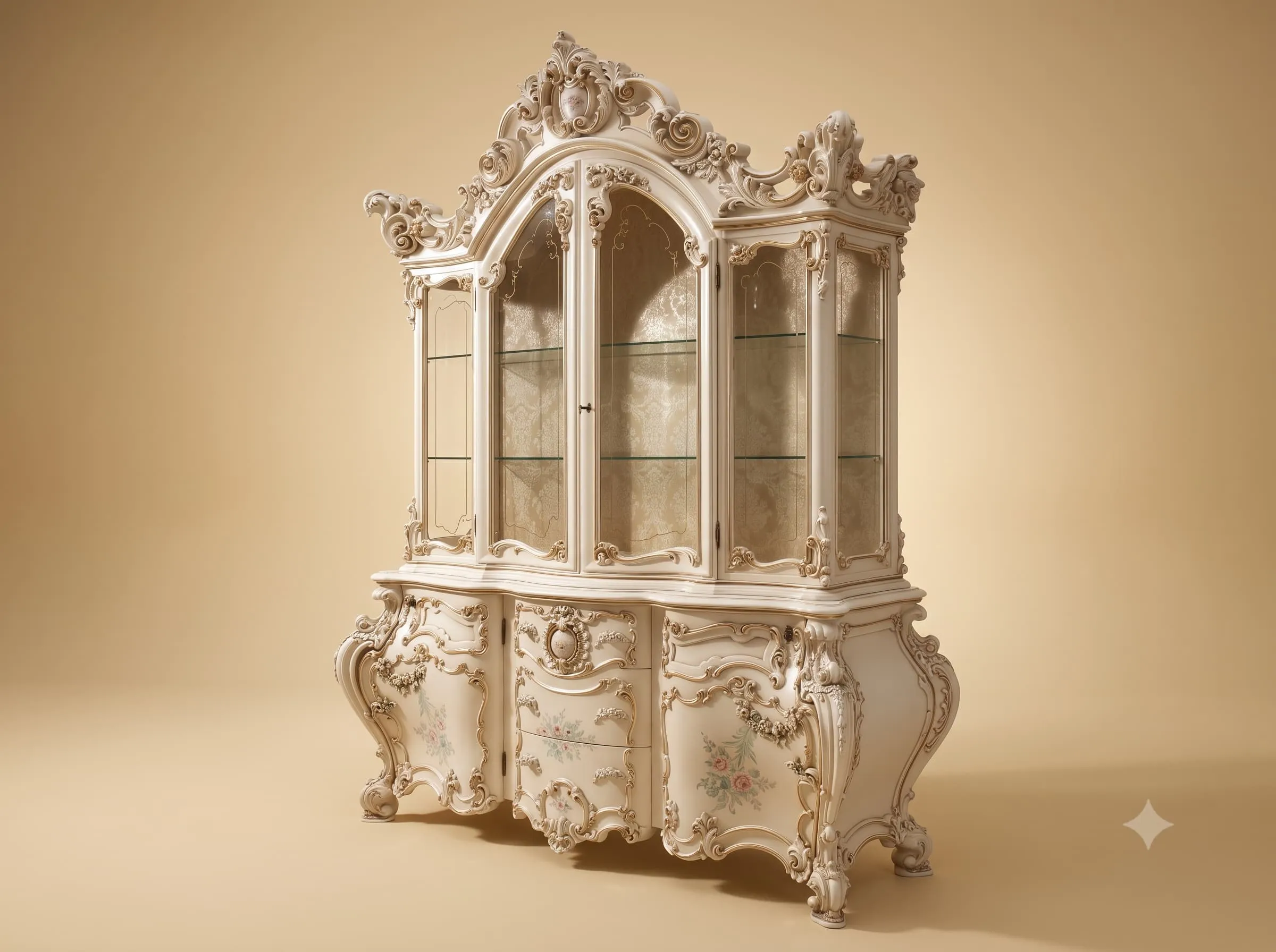 Solid Wood Showcase in Off White with Pierced Carved Crest