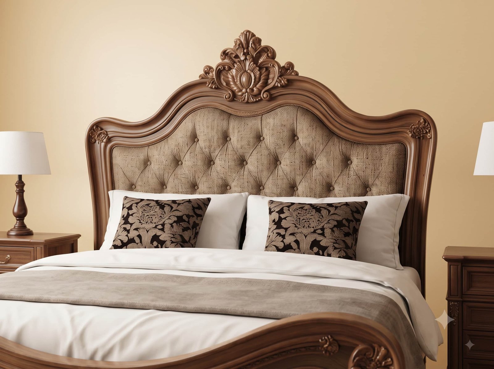 Classic Bed Design in Carved Teak - Linen Headboard in Warm Brown - Image 2