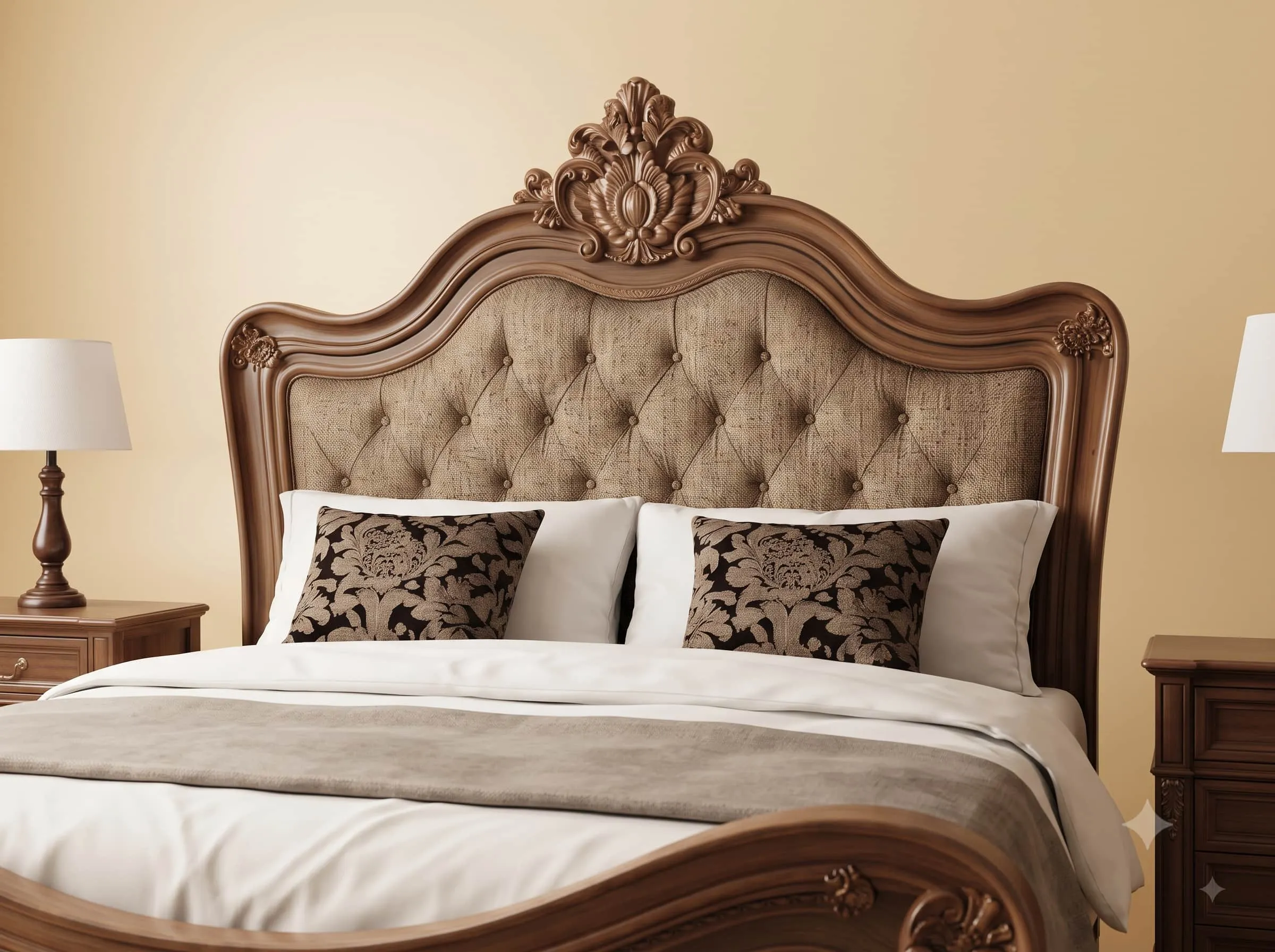 Classic Bed Design in Carved Teak - Linen Headboard in Warm Brown