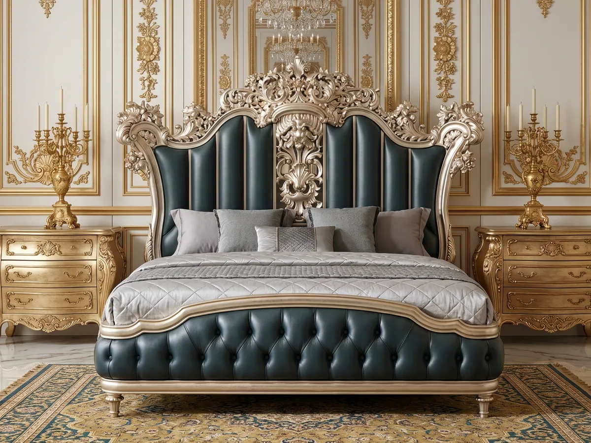 Imperial Baroque Hand-Carved Bedroom Set Featuring Dark Teal Emerald Leather Upholstery, Silver Champagne Carved Frame, Vertical Channel-Tufted Headboard & Matching Gold Candelabra Nightstands