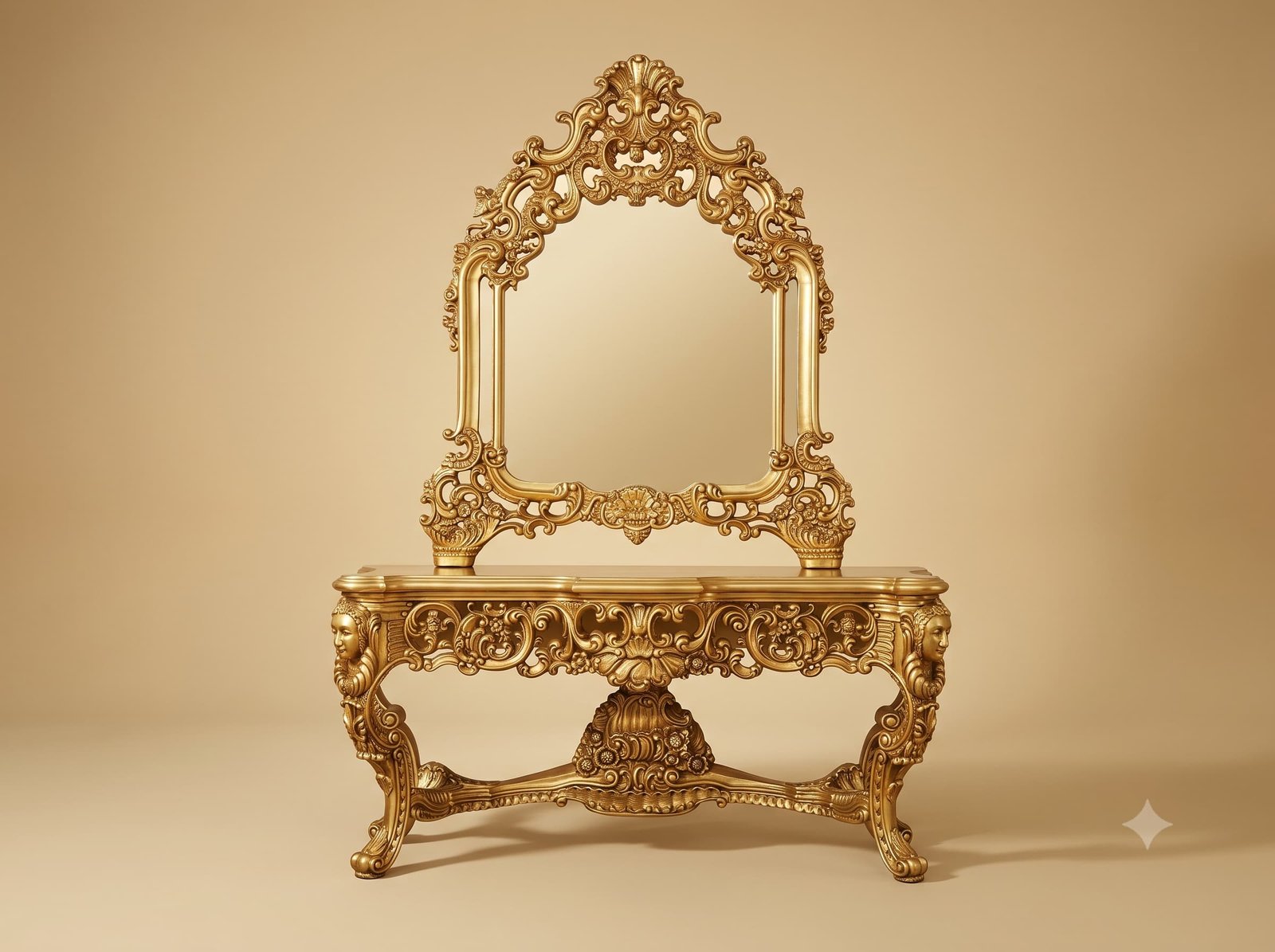 Gold Console Table Set in Carved Teak with Arched Mirror