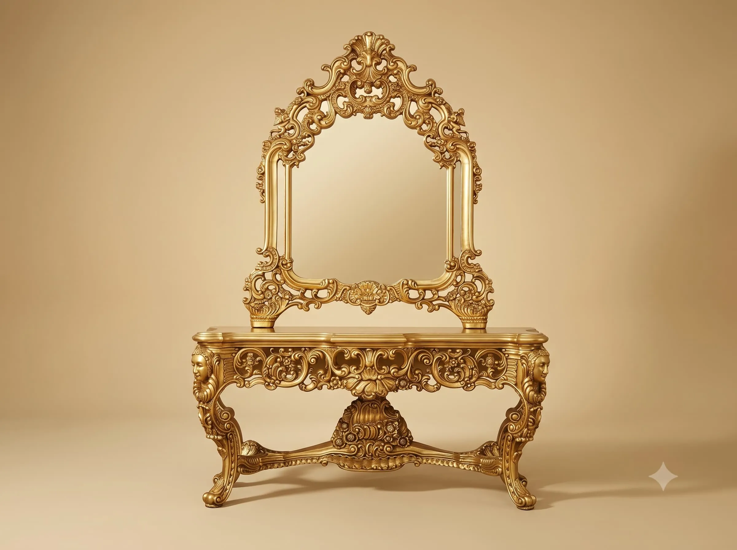 Gold Console Table Set in Carved Teak with Arched Mirror