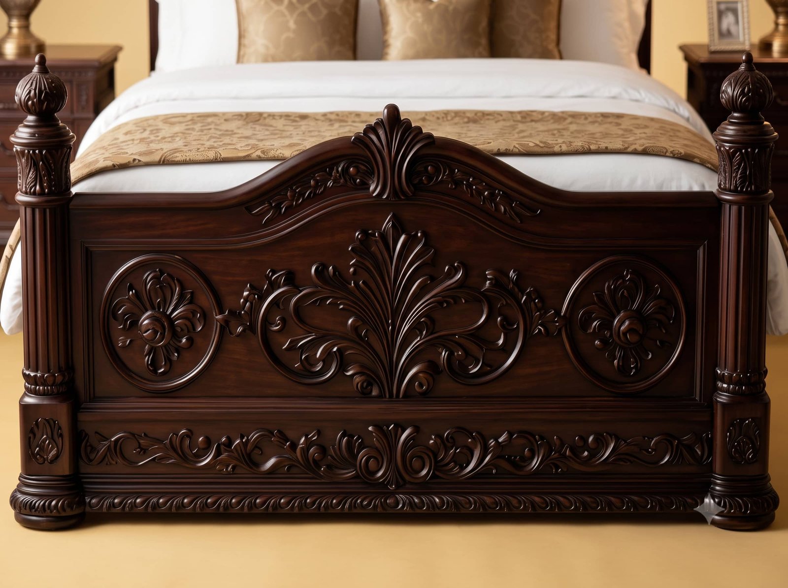 Dark Wood Bed Design in Carved Teak - Espresso with Post Finials - Image 3