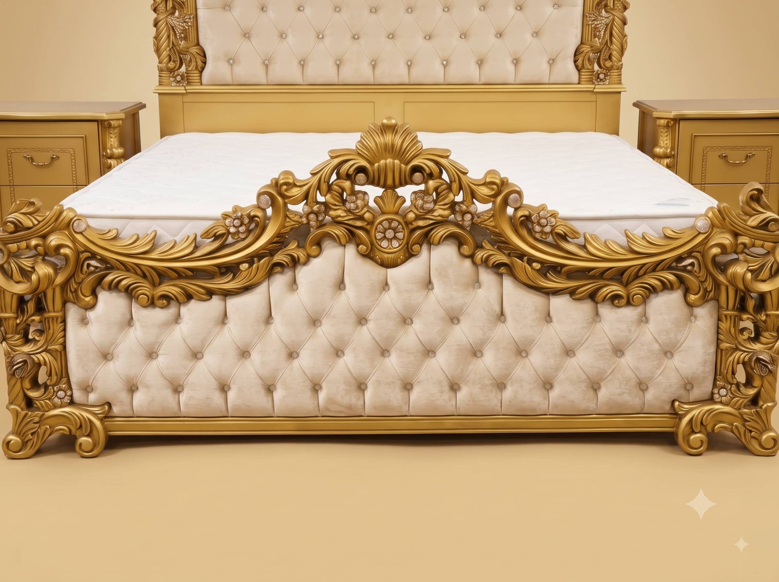 Maharaja Bed in Carved Teak - Gold Finish with Tufted Headboard - Image 3