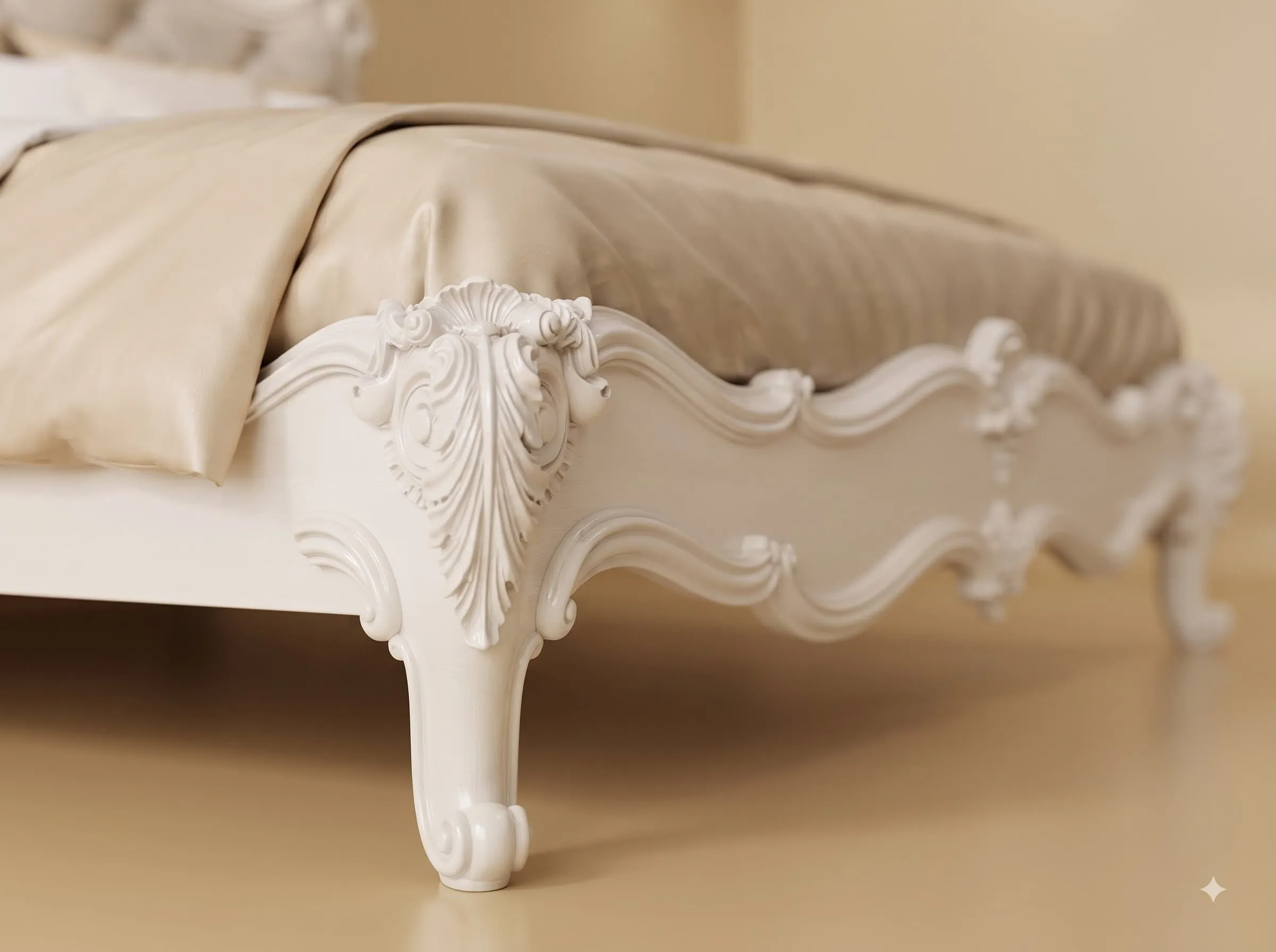 White King Size Bed in Carved Teak - Antique French Tufted Headboard