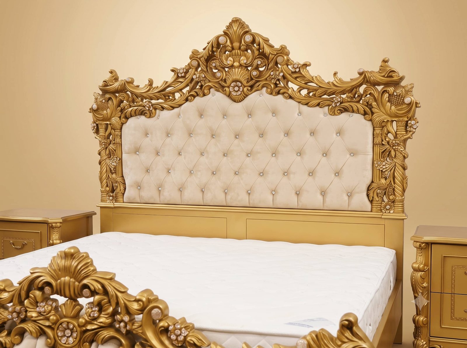 Maharaja Bed in Carved Teak - Gold Finish with Tufted Headboard - Image 4