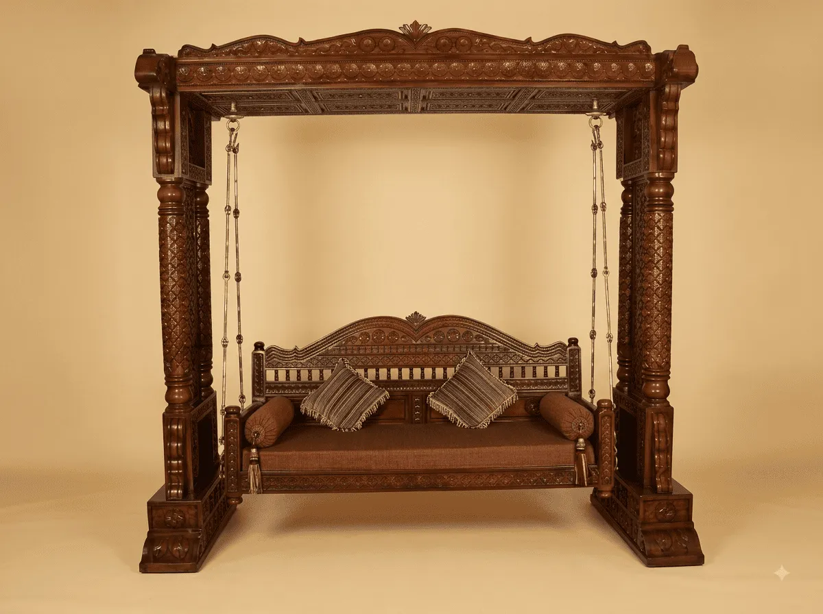 Wooden Swing Bed in Carved Teak - Wide Jhula with Portal Frame