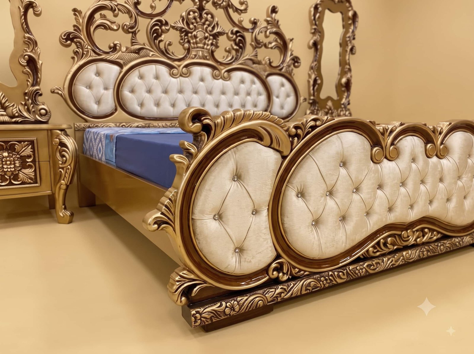 King Size Bedroom Set in Carved Teak - Gold with Tall Mirrors - Image 2