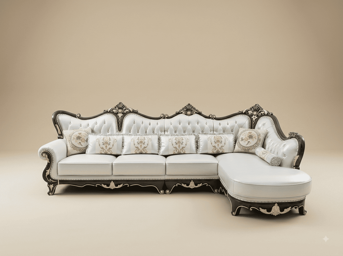 Black and White Sofa in Carved Teak - Chaise End with Silver Detail