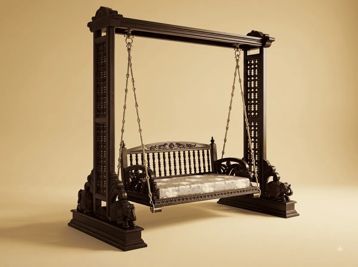 Traditional Jhula in Carved Teak - Spindle Back Swing with Jaali Stand