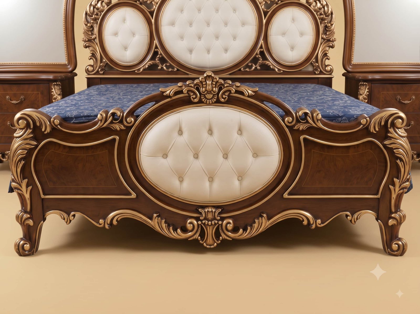 Bed with Oval Tufted Headboard in Carved Teak - Brown and Gold Set - Image 4