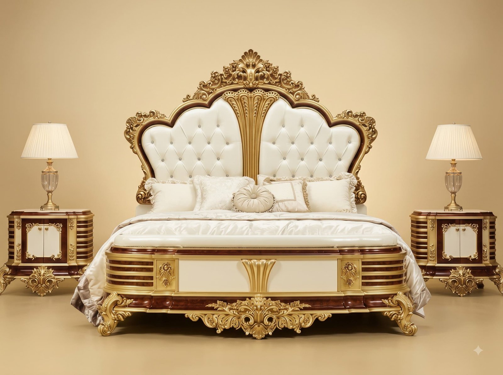 Royal Luxury Handcrafted Carved Teak Bed with Storage | Gold and Mahogany