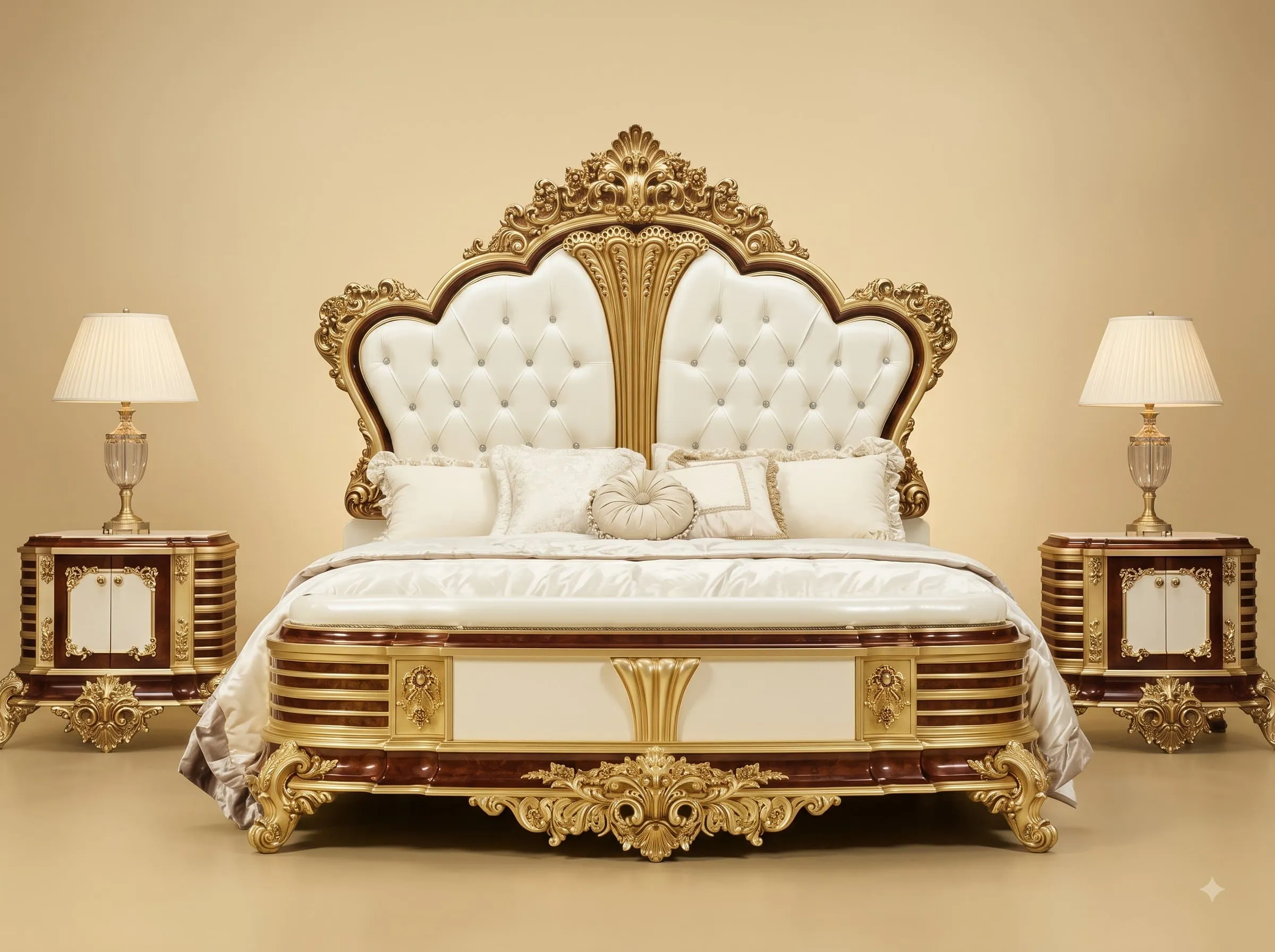 Royal Luxury Handcrafted Carved Teak Bed with Storage | Gold and Mahogany